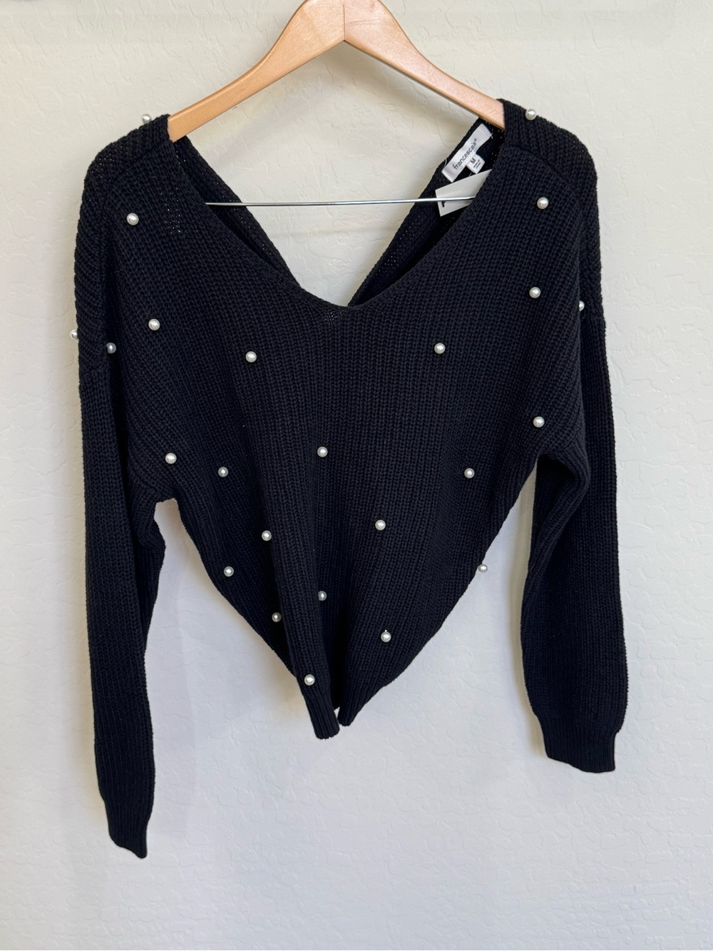 Francesca's Wendy Knot Back Pearl Embellished Sweater Black M Twist Open Back